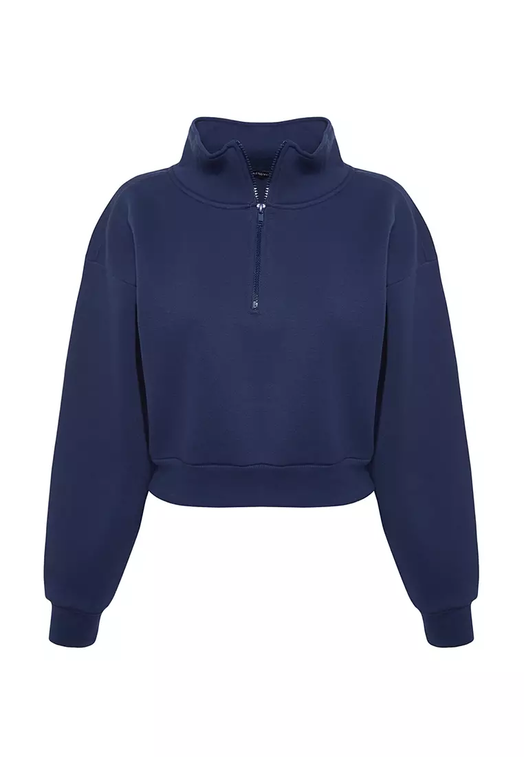 Navy Blue Relaxed Fit Crop Basic Zippered Stand Collar Thick Fleece Inside Knitted Sweatshirt