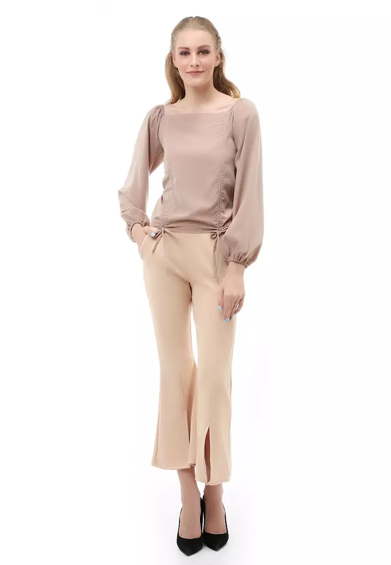 Cheva Blouse Atasan Wanita Sabrina Tali Lengan Panjang Casual Top Long Sleeve Comfortable Material Wolfis ORIGINAL - Brown Milk