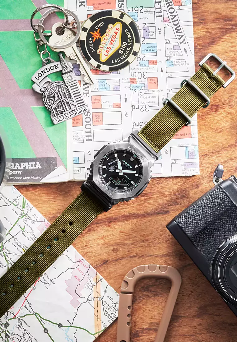 G-Shock - Jam Tangan Analog Digital Pria - Gun Metal - Green Nylon Strap - GM-2100CB-3A