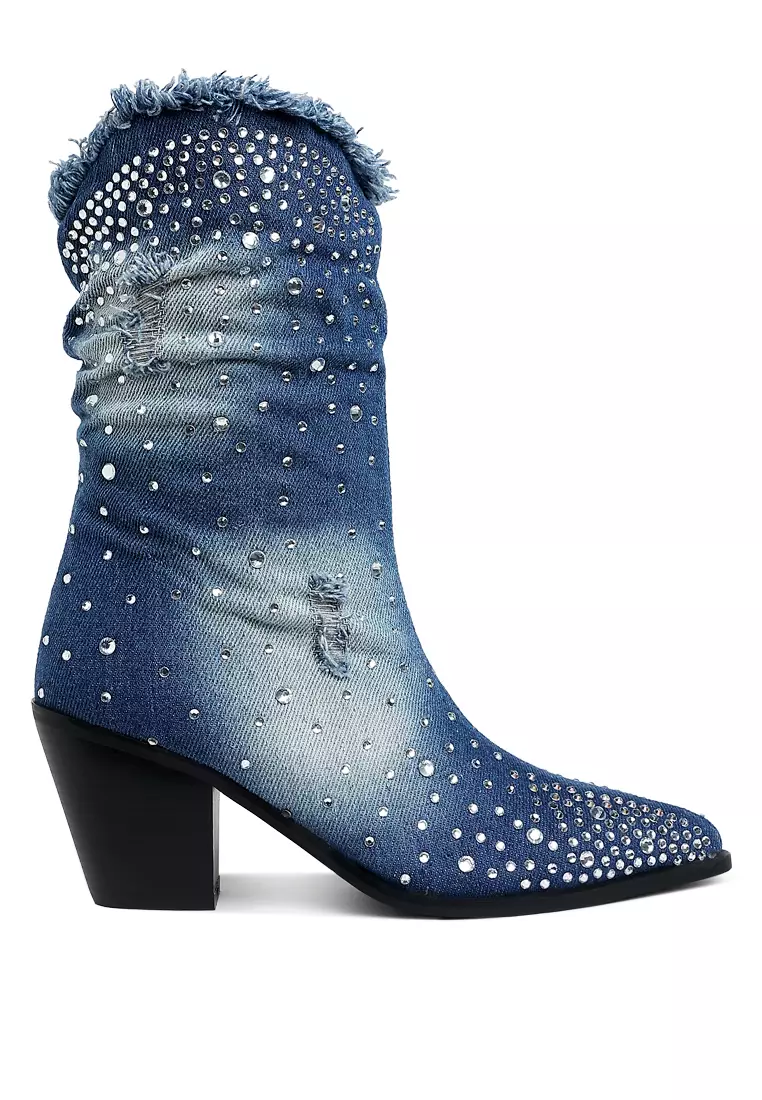 Discount on London Rag  shoes - SKU: Diamante & Rhinestones Denim Boots in Dark Blue