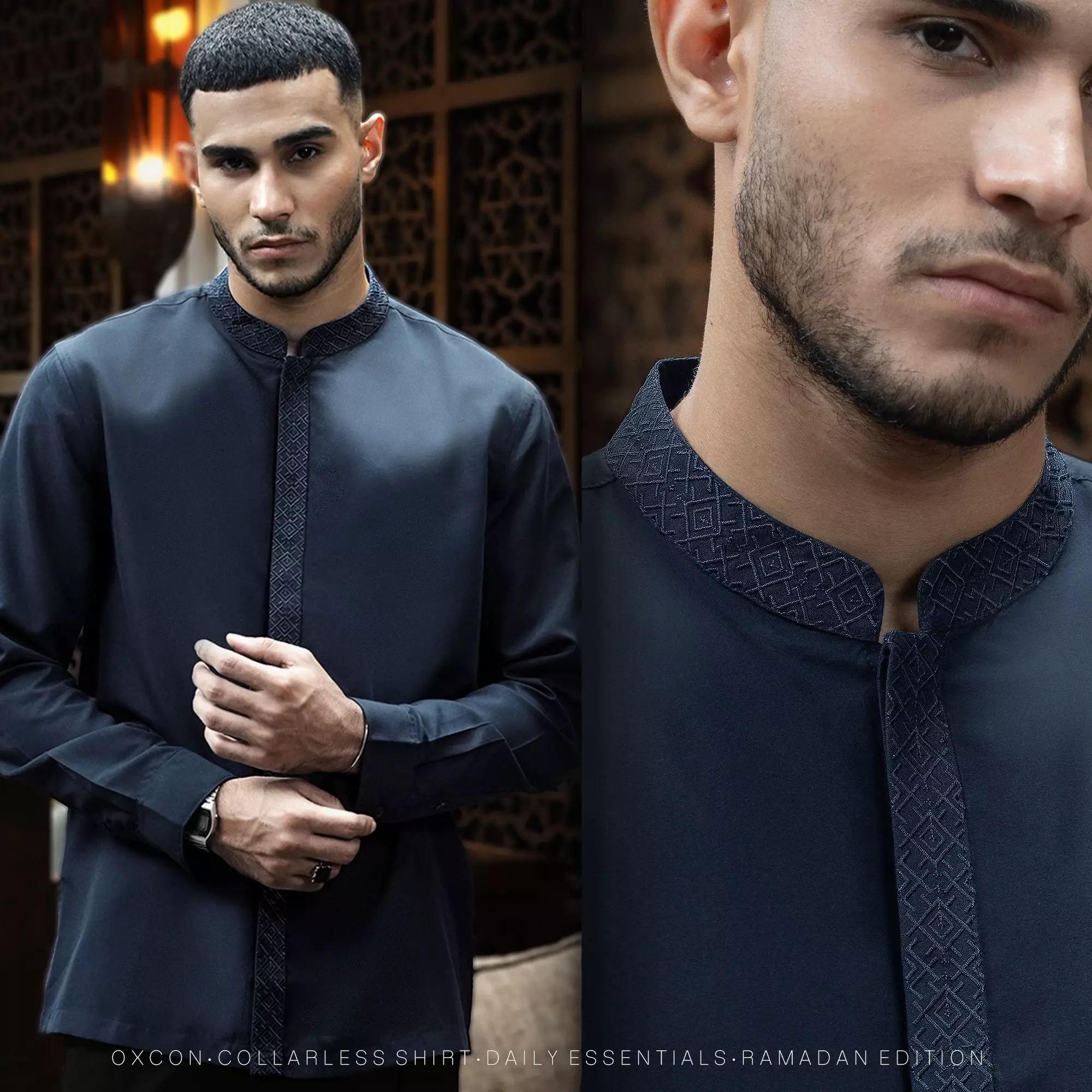 Kemeja Koko Bordir Azril Tangan Panjang Pria Muslim Lebaran Navy