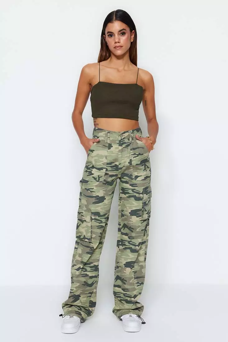 Trendyol Multicolored Ribstop Camouflage Print High Waist Wide Leg