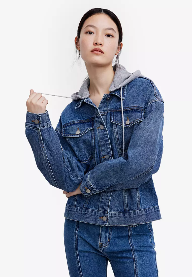 Hooded drawstring denim jacket top