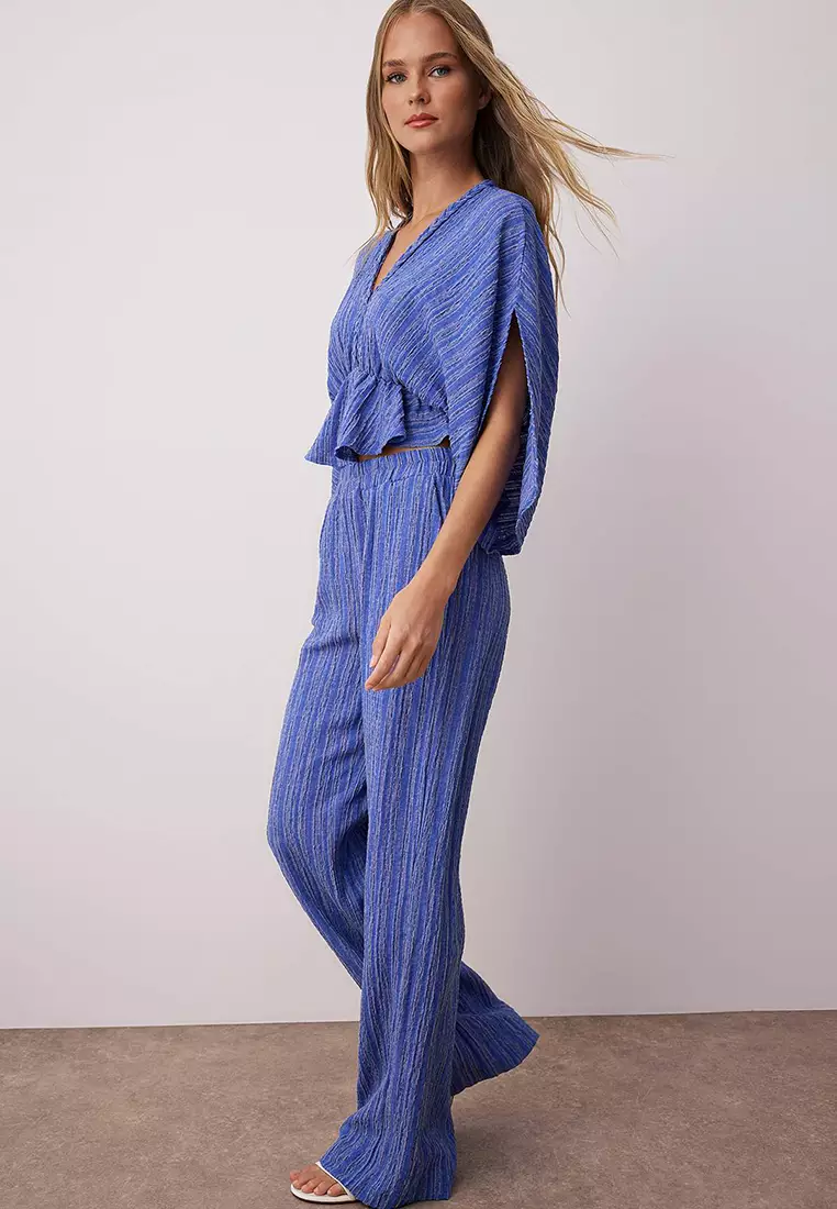 Blue Elastic Waist Textured Trousers