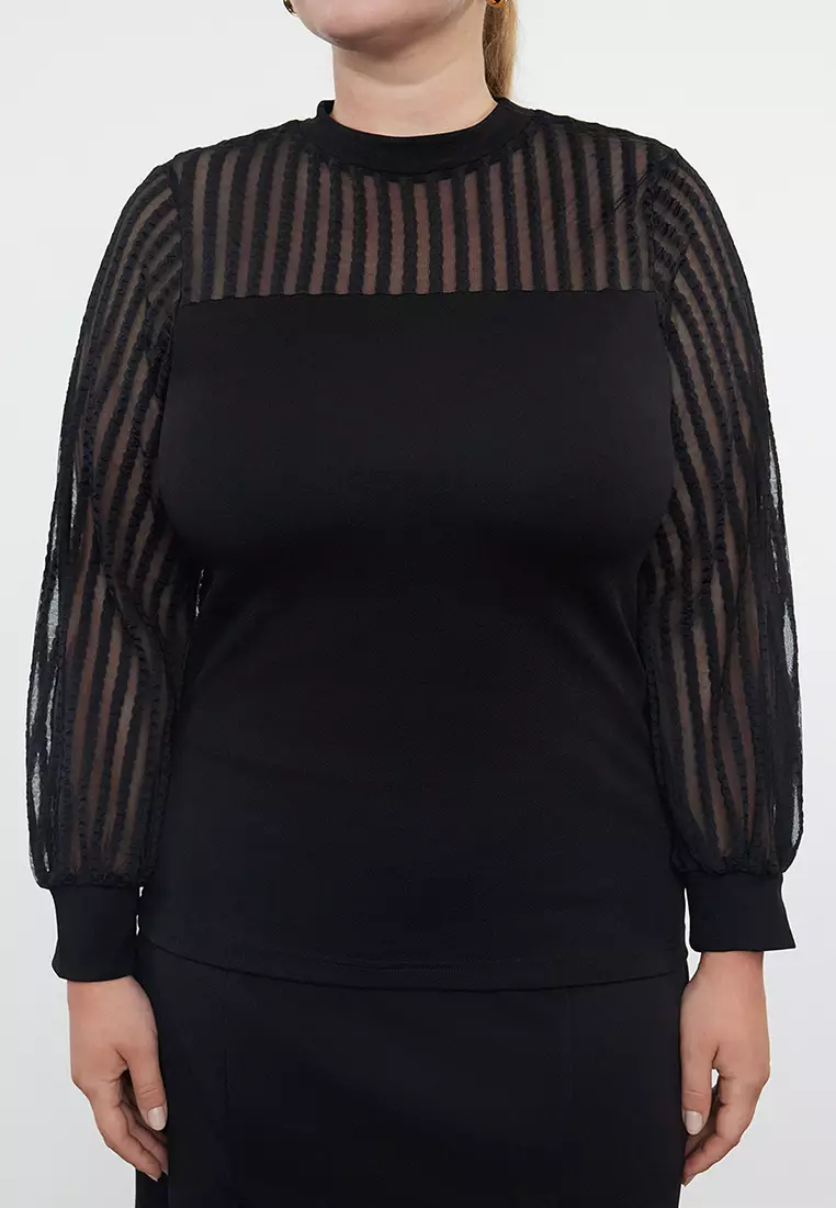 Black Stand Collar Laced Body-Smoothing Knitted Plus Size Blouse TBBAW25AF00010