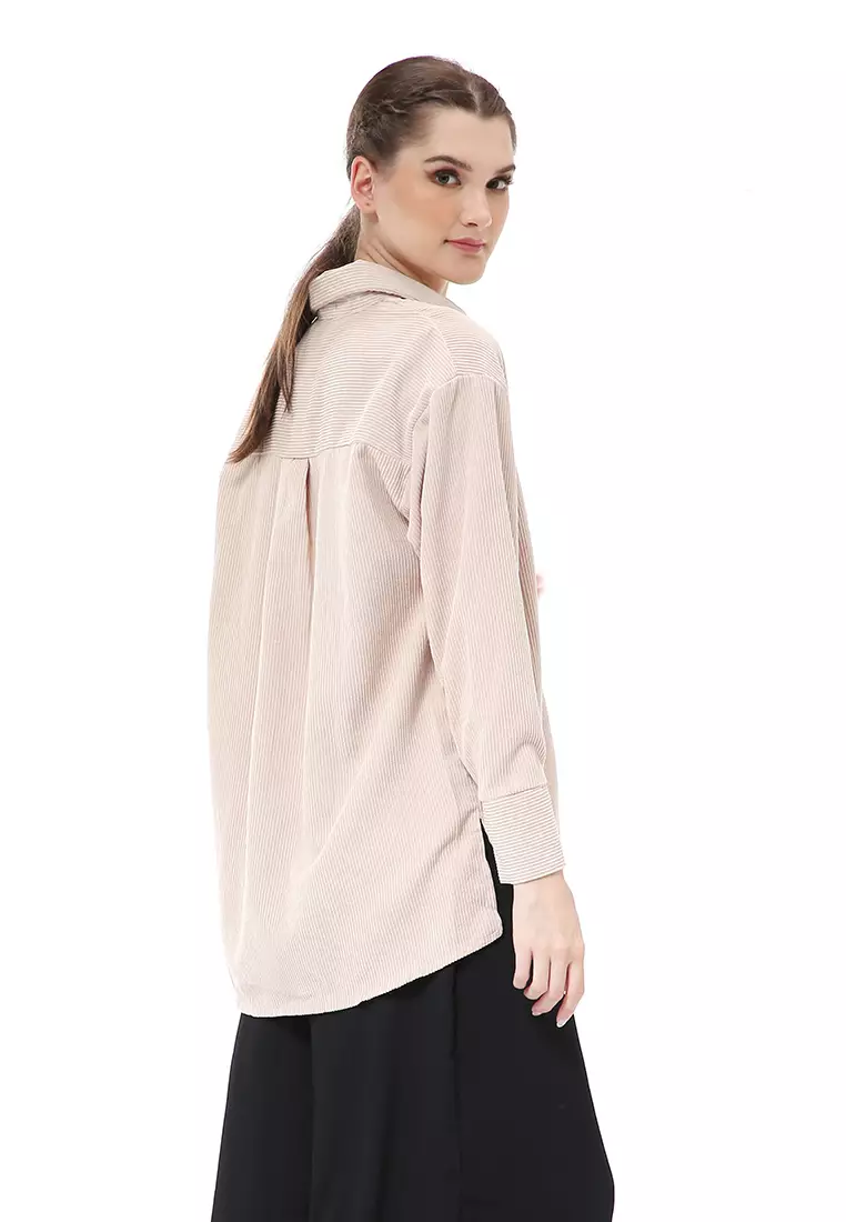 Brielle Atasan Wanita Kemeja Lengan Panjang Kombinasi Model Material Coduroy Polyester ORIGINAL - Apricot
