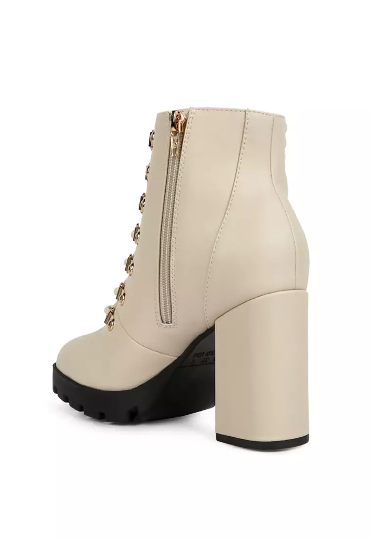 Beige Lace Up Block Heel Boots