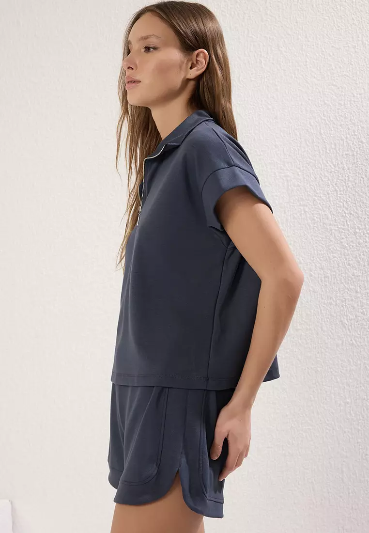 Anthracite Soft Texture Regular/Normal Mold Zippered Collar Flexible Knitted Top Bottom Set