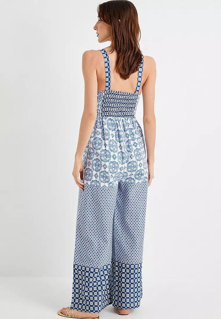Wide Leg Jumpsuit Patterned Window Detailed Strap Gimped Cotton