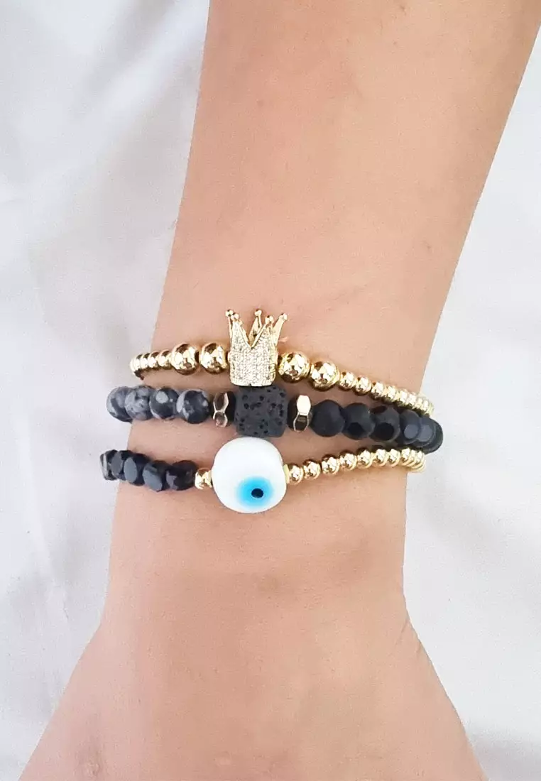 Aksesoris Wanita 3 in Crown Evil eye Multistrand Bracelet Gelang Wanita Gold