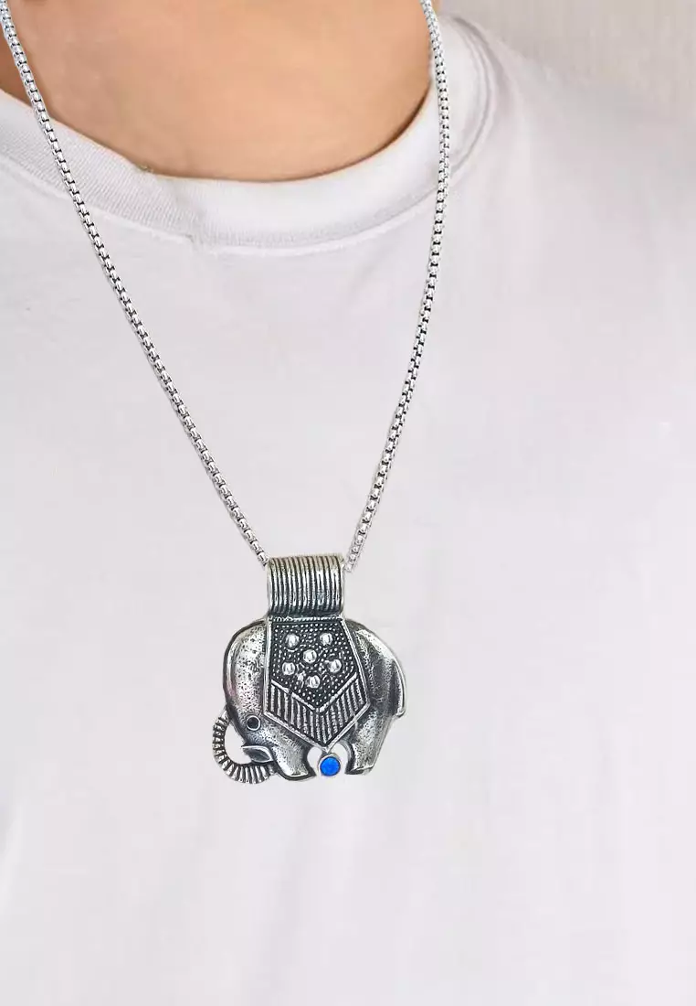Aksesoris Pria Elephant Blue Diamante Pendant Premium Stainless Steel Necklace Kalung Pria Silver