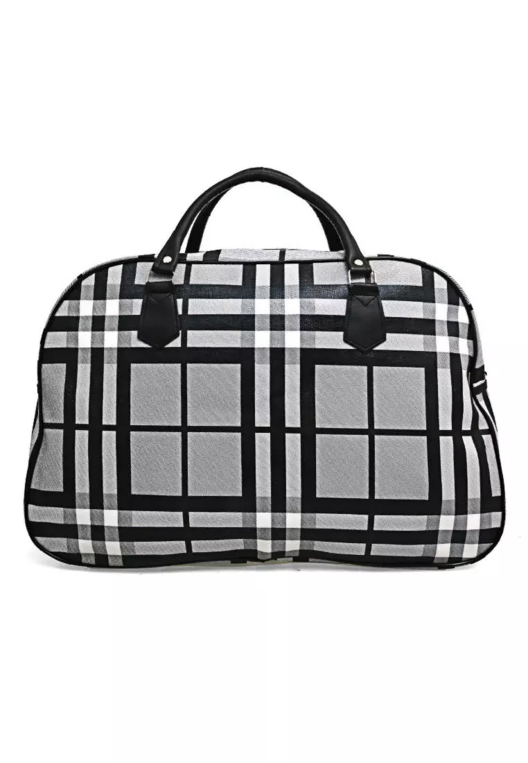 Semply Tas Travel Jinjing Bag 20 Inch Grid Motif Large Compartment Material Leather Kulit ORIGINAL - Black Grey