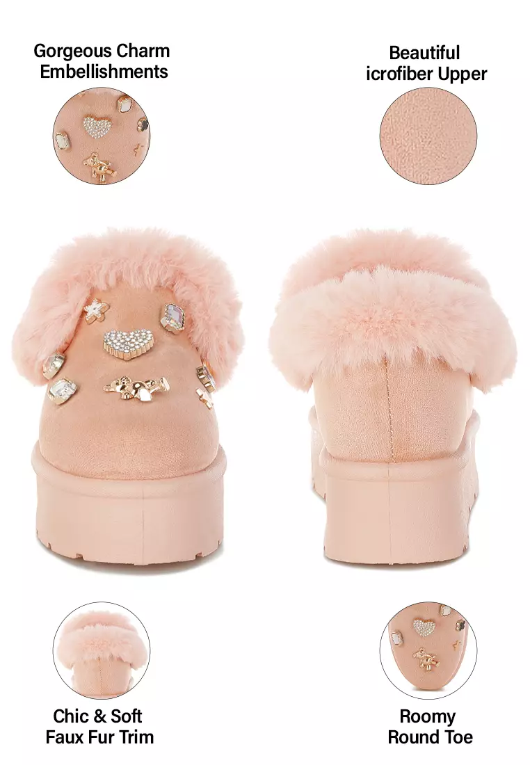 Charm Detail Slip On Snow Boots In Pink