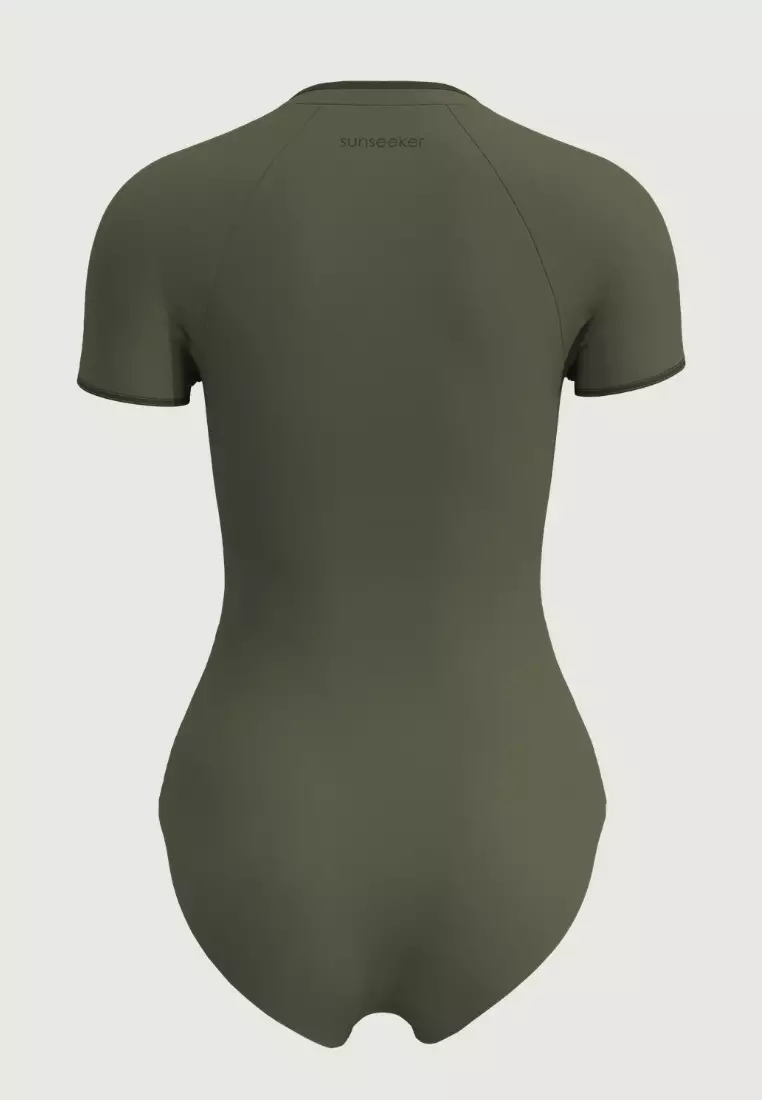 Soulistic Solid軍綠色前置拉鍊短袖連身泳衣