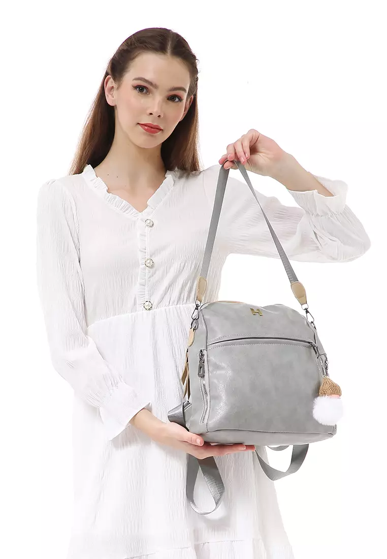Afra Tas Ransel Wanita Large Compartment Backpack Desain Polos Material Leather ORIGINAL - Gray