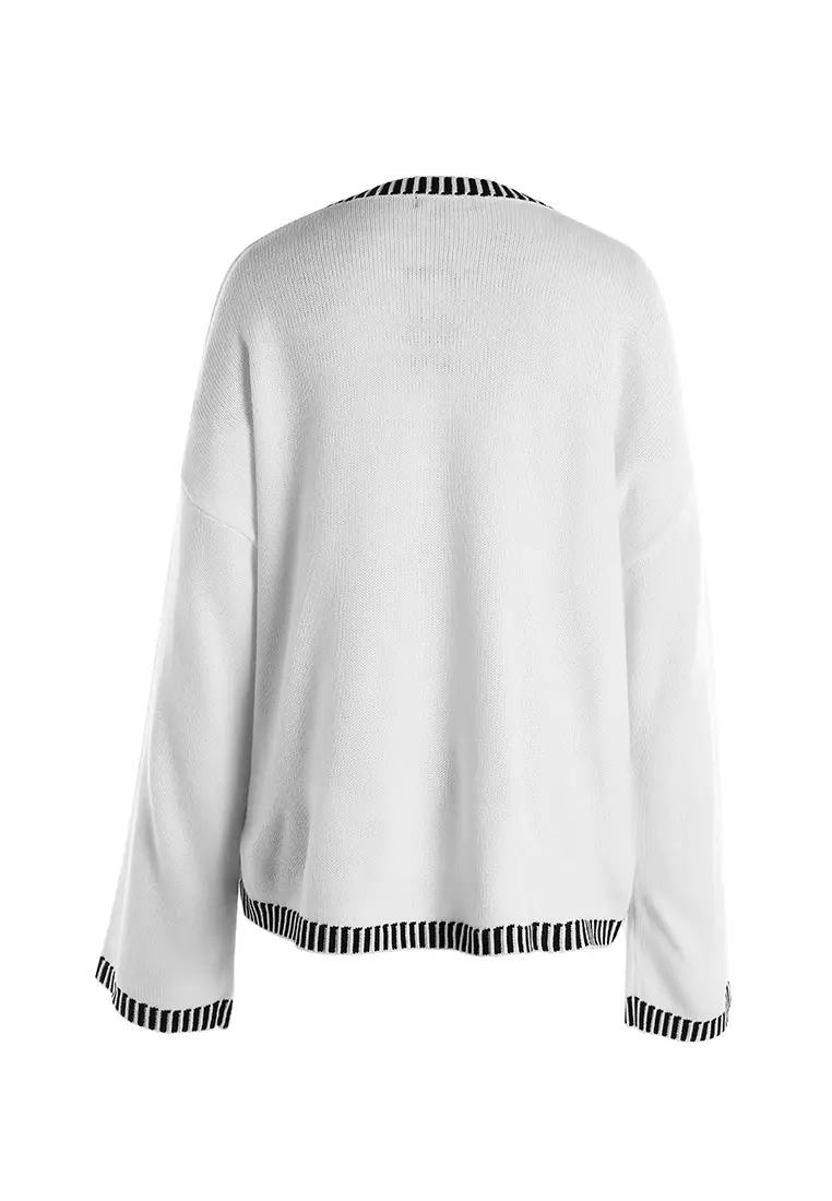 Contrast Stitch Detail Knit Sweater Jumper in Cream