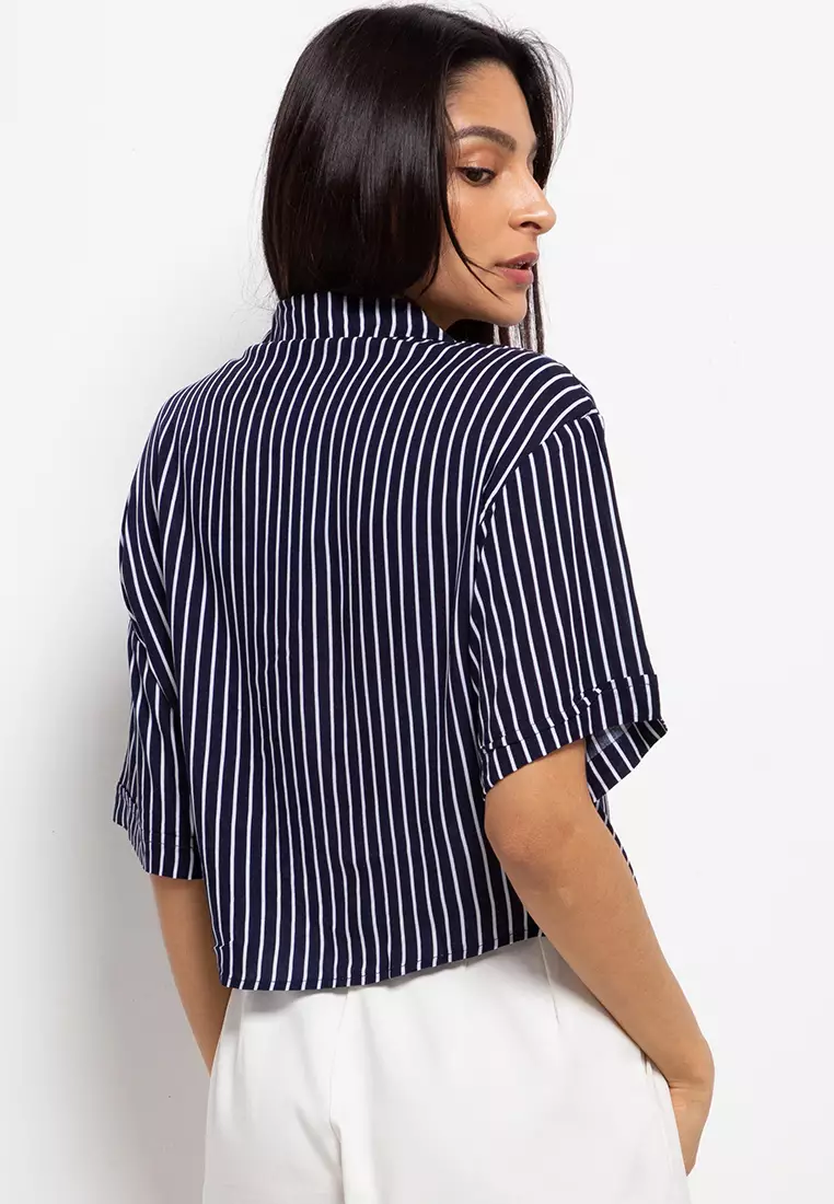 Nade Japan FT079 Kemeja pantai Wanita Kasual stripe navy