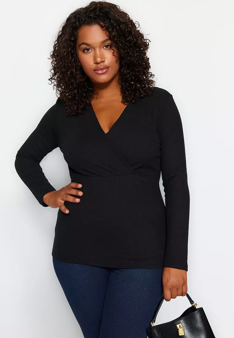 Plus Size Double-Breasted Crimson Knit Top