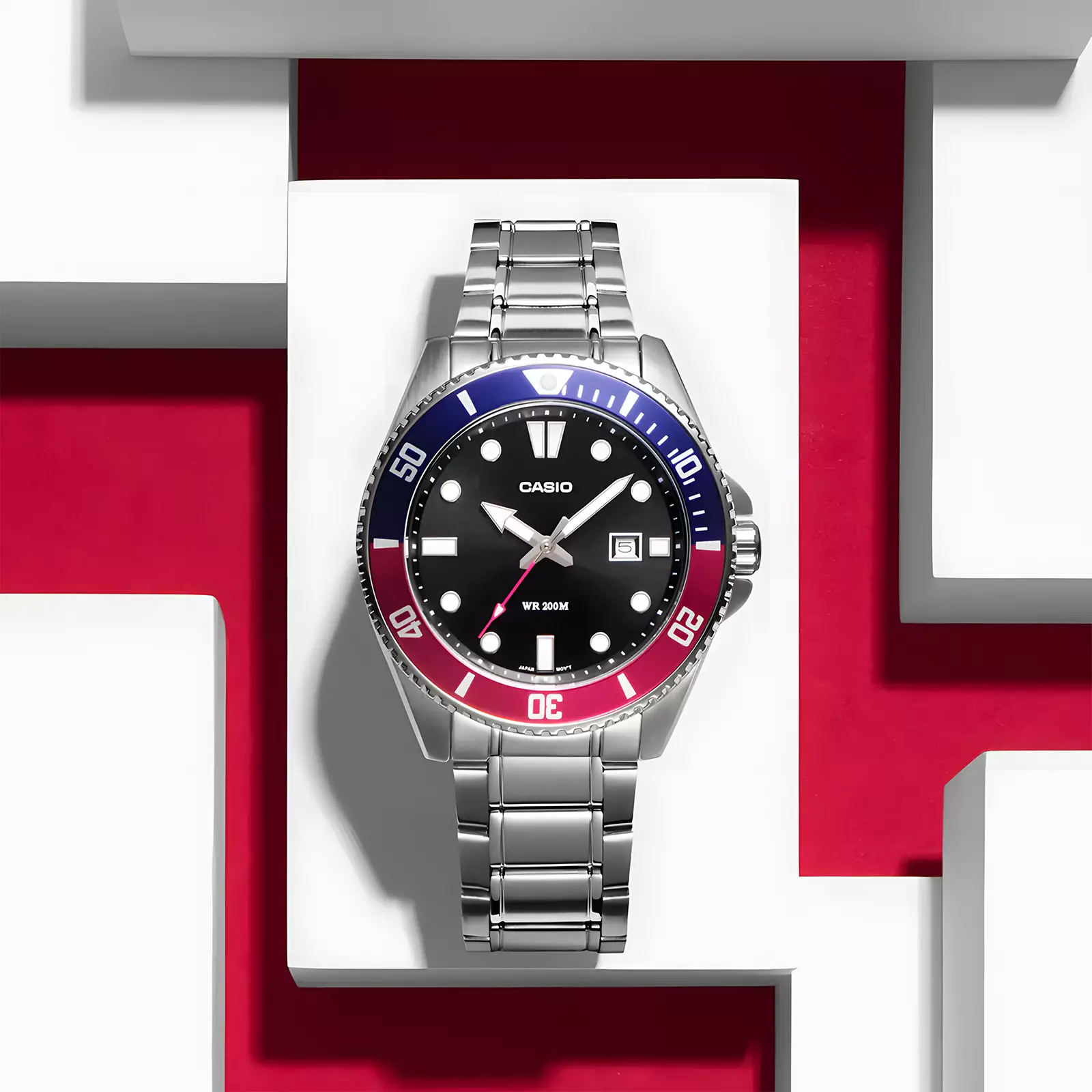 Casio - Diver Marlin Duro Pepsi - Jam Tangan Analog Pria - Black Dial - All Stainless Steel - MDV-107D-1A3VDF