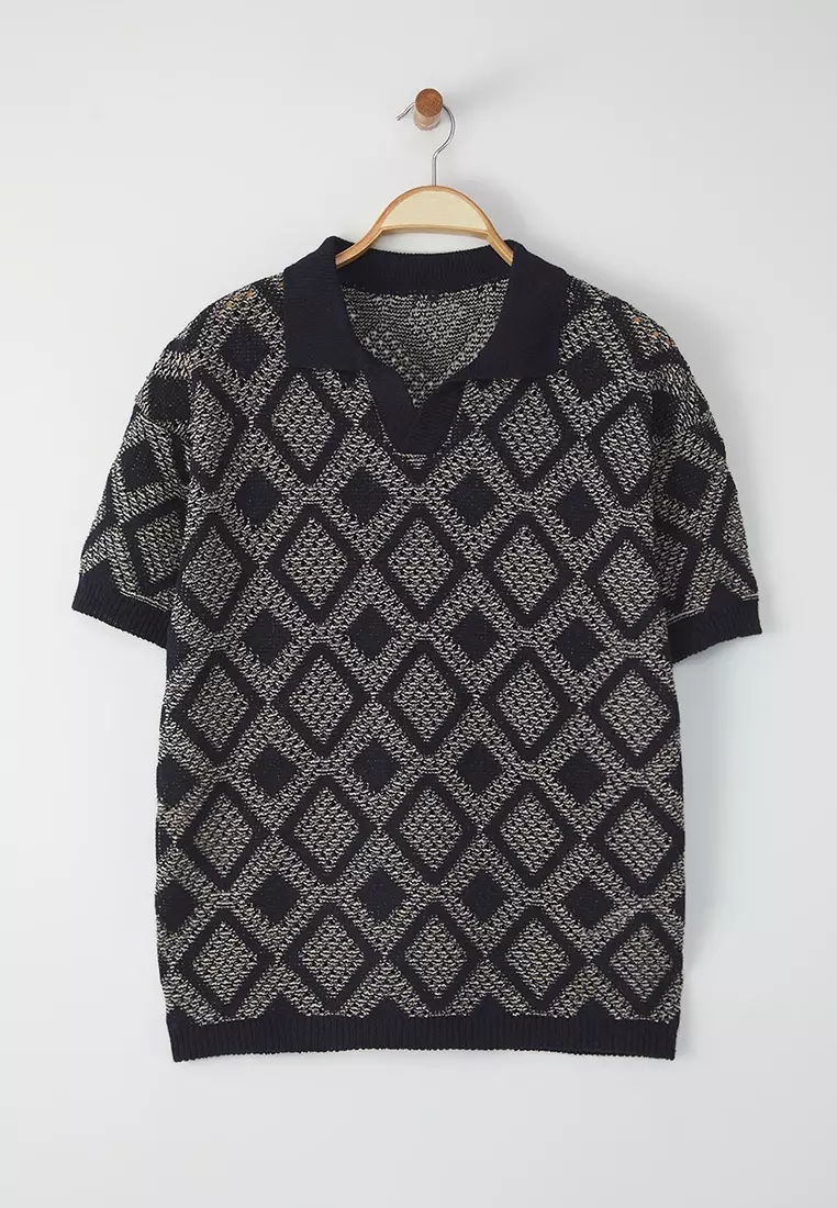 Navy Blue Oversize Fit Openwork Polo Neck Knitwear Tshirt TMNSS25PO00040