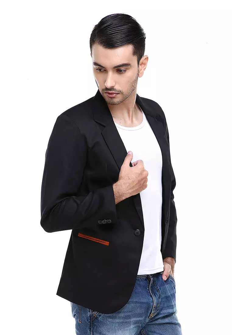 Woreq Jas Blazer Outerwear Pria Formal Resmi Man Suits Motif Garis Material Drill ORIGINAL - Black