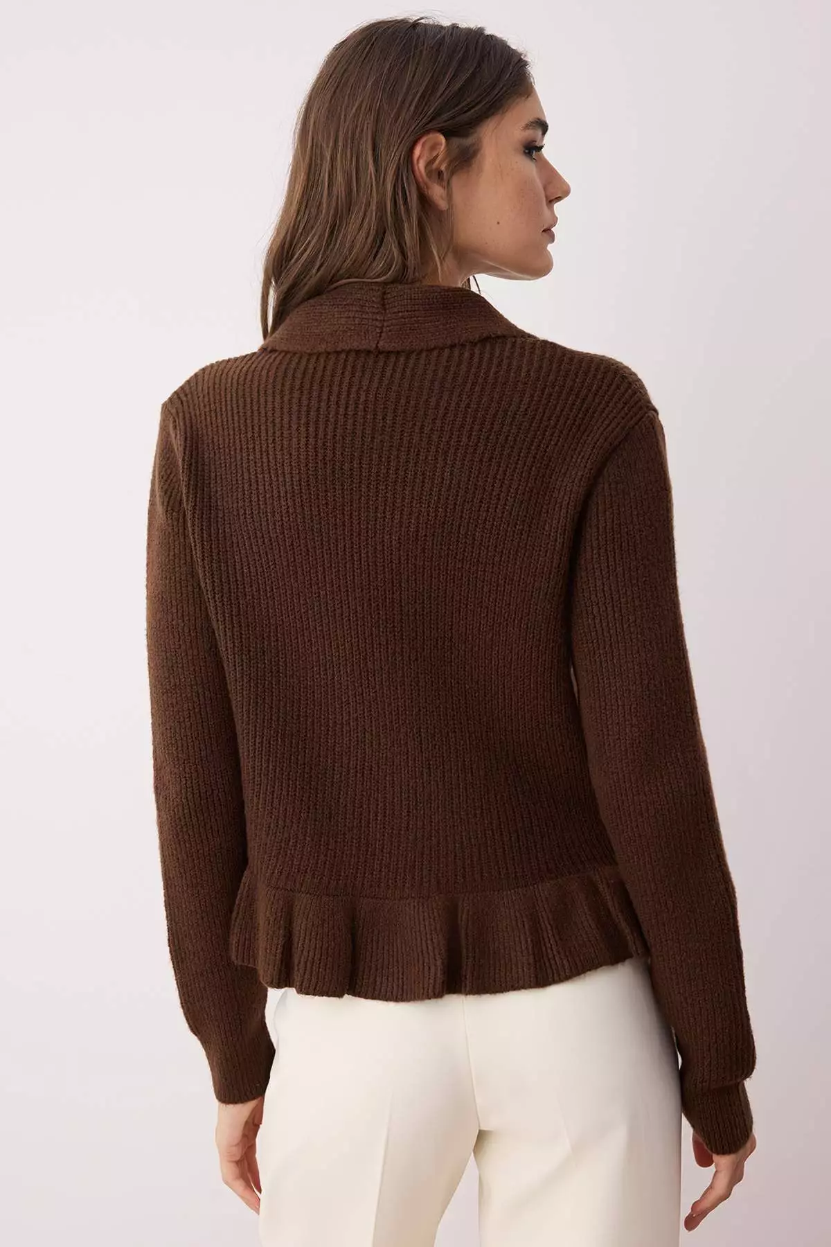 Brown Crop V Neck Soft Textured Flounced Knitwear Cardigan