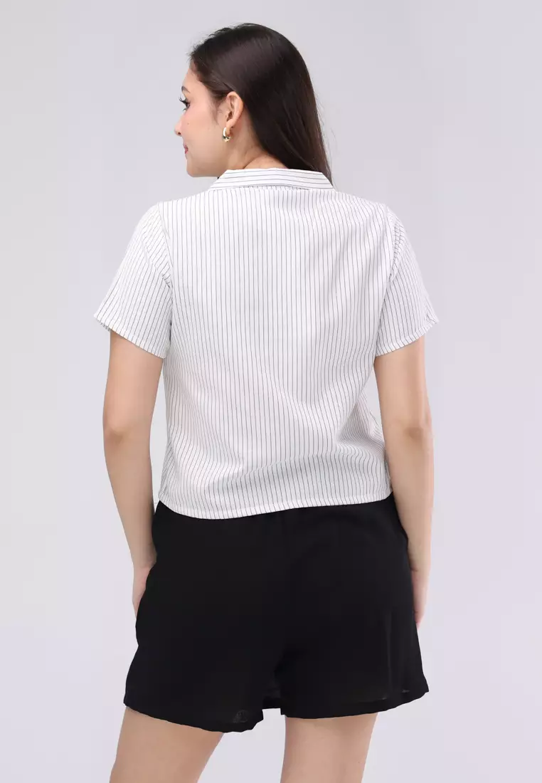 Cotton Stripes & Wrinkle Linen Short Sleeves Terno Skort