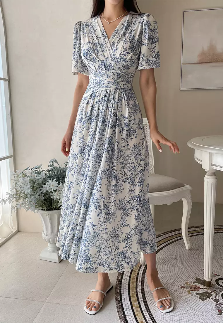 French style ink printed lace up dress CA25032714BL