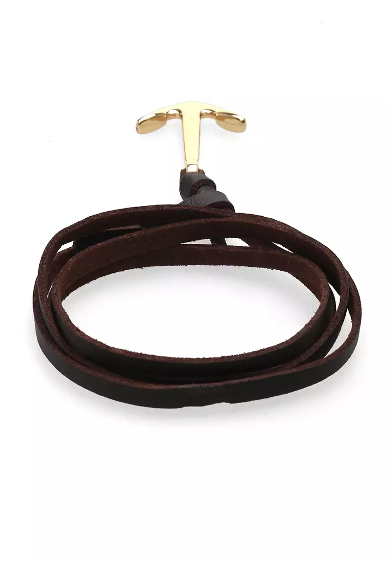Aleda Gelang Kasual Pria Wanita Aksesoris Fashion Bracelet Adjustable Strap Anchor Design Material Leather ORIGINAL - Brown