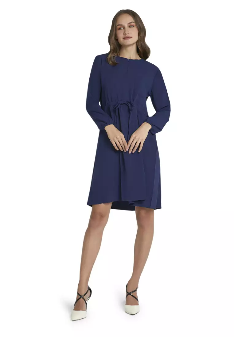 Leyna Mini Dress Wanita Long Sleeves Motif Solid Design Casual Regular Fit - Navy