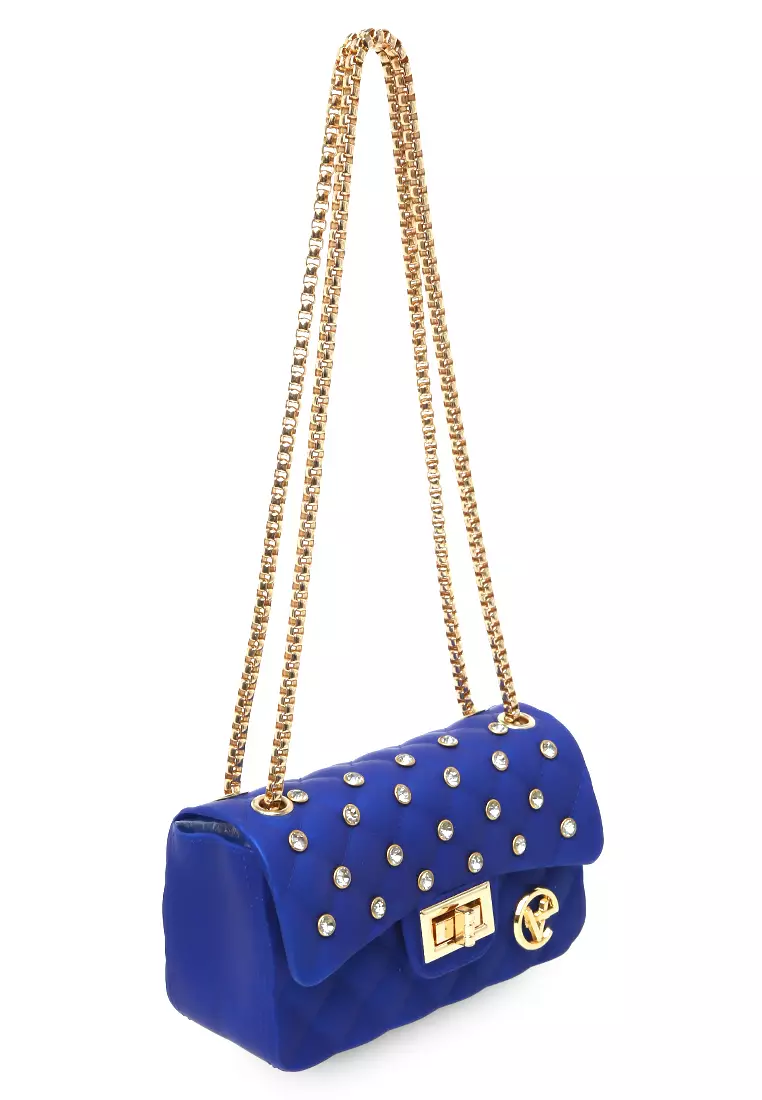 Ives Slingbags Women Tali Rantai Hiasan Diamond Casual Tas Jelly Premium Quality - Biru