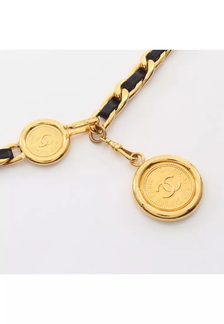 Pre-Loved Chanel coco mark chain belt GP leather gold black