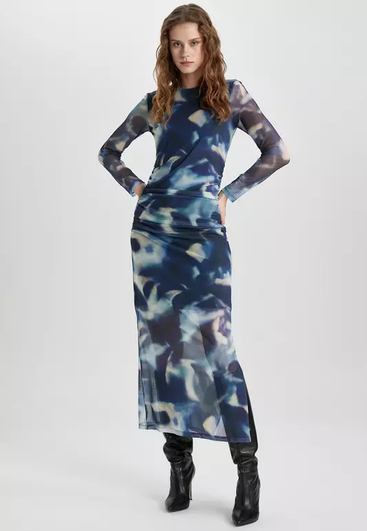 Printed Tulle Midi Dress