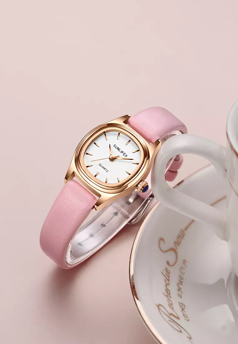 Jam Tangan Wantia Casual Fashion Dial Kotak Analog Quartz Strap Leather Jam Tangan Cewek pink
