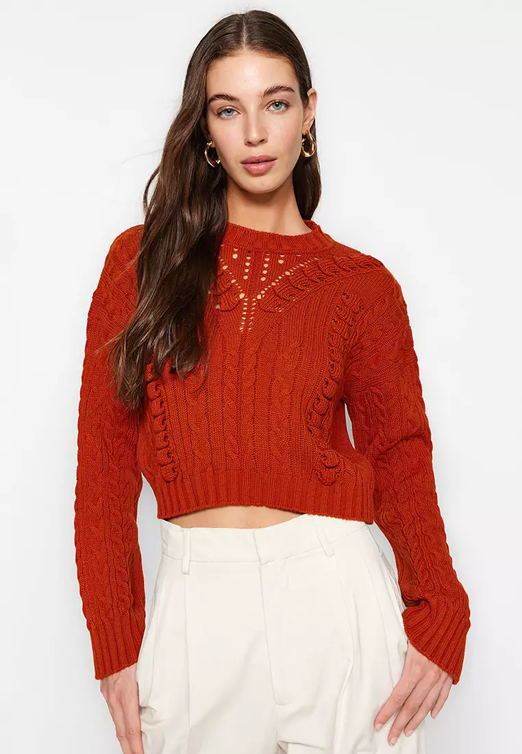 Women Orange Rib Round Neck Full Sleeves Crop Sweater