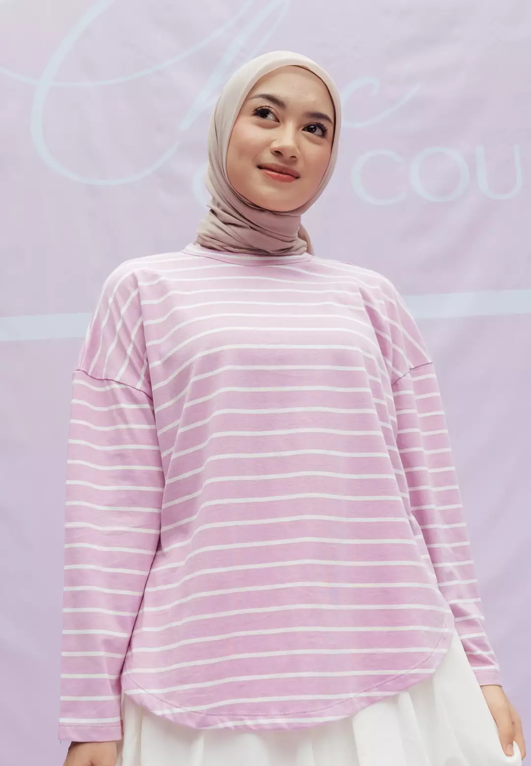 HijabChic Mayumi Stripe Tops Dusty Pink and White - Kaos Stripe Muslim Kasual Oversized Best Seller