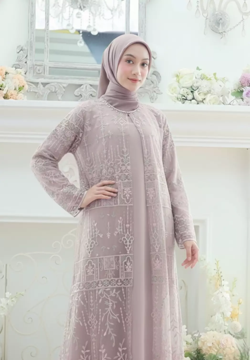 Mosleem Long Dress Broakat With Pearl Detail in Dusty Pink By Brilliant Girl Warna Dusty Pink