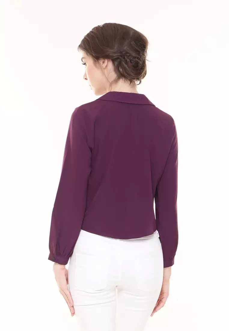 Evelyn Top Button Ribbon Tied up in Dark Purple