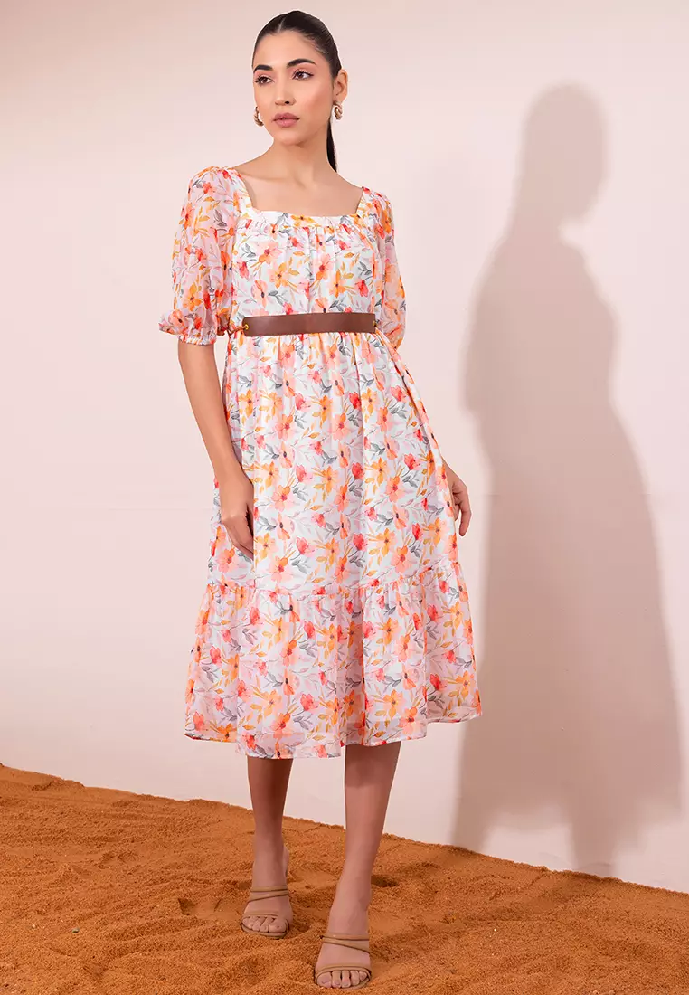 White Floral Print Puff Sleeve Tiered Maxi Dress With Belt