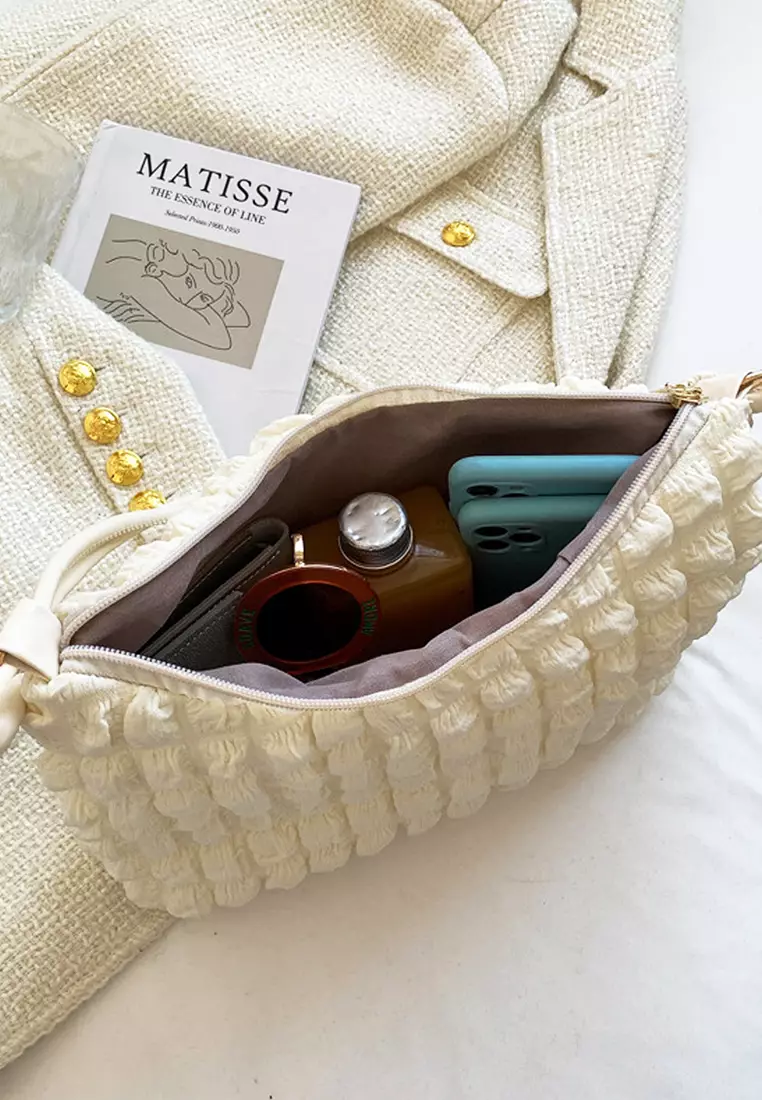 Tas Wanita Bahu Shoulder Bag Import Fashion Korea Tote Bag Minimalist Zipper Texture Baguette Bag Venrc Putih