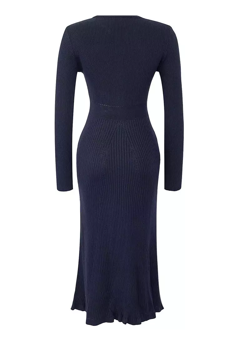 Navy Blue Midi Knitwear Crew Neck Dress