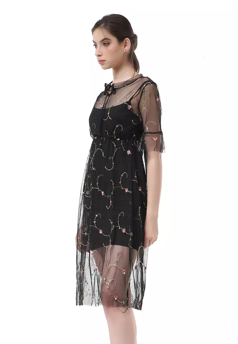 Rachel Midi Dress Wanita Lengan Pendek Koreaan Style Material Brukat ORIGINAL - Black