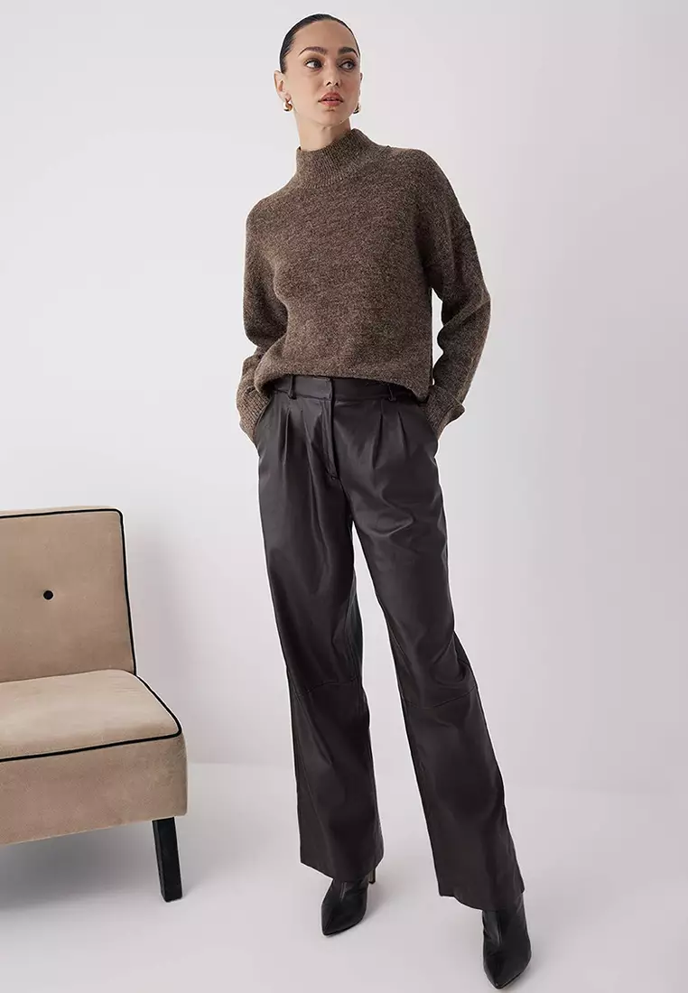 Mink Alpaca Wool Blended Premium/Special Yarn Wide Fit Basic Knitwear Sweater