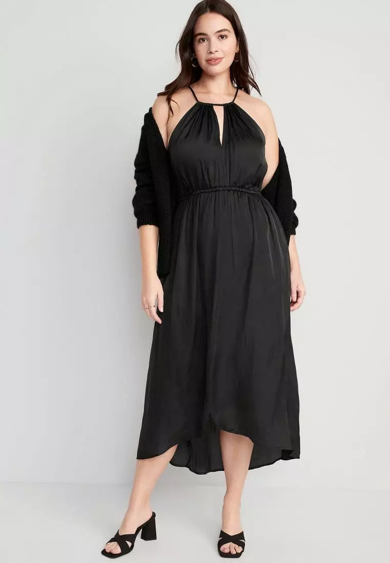 Waist-Defined Halter Satin Maxi Dress for Women
