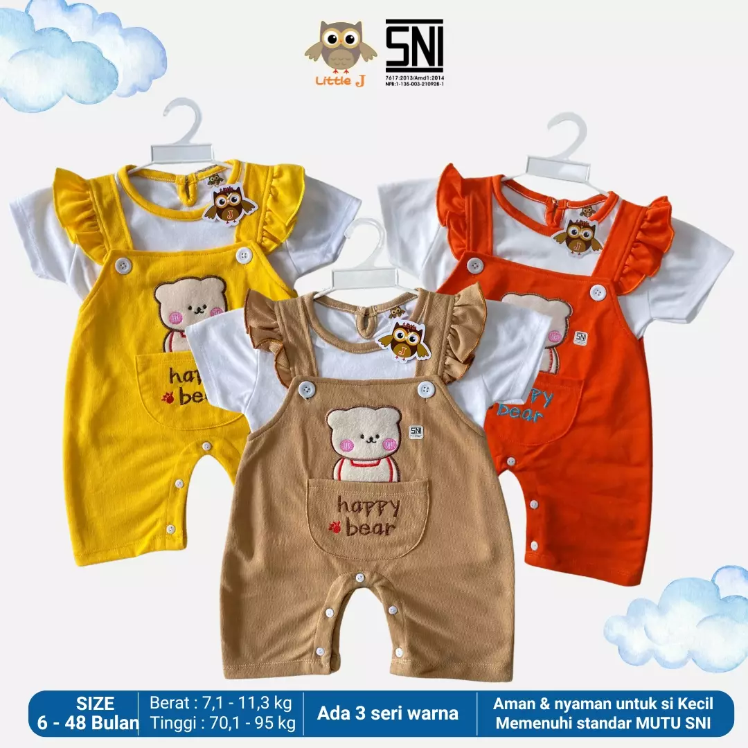 Overall Set Bayi Jumpsuit Singlet Anak Cewek Romper Celana Pendek Happy Bear Kuning