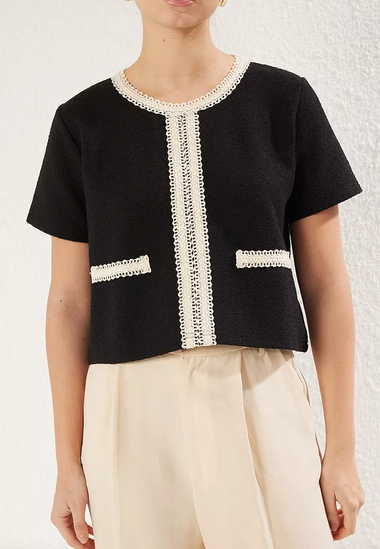 Black Color Block Crop Regular/Normal Pattern Tweed Knitted Blouse