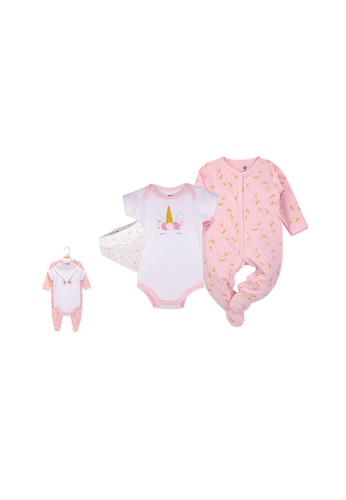 Little Kooma white and pink Hudson Baby Bodysuit Sleepsuit Bib 3 Piece Layette Set 00986CH Gold/Pink Unicorn F15F0KA40EB84BGS_1