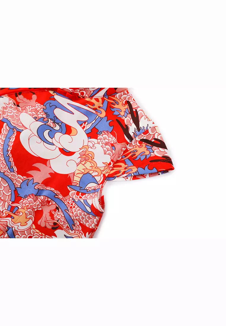 女童紅藍龍印花漢服唐裝旗袍裙新年拜年衣服