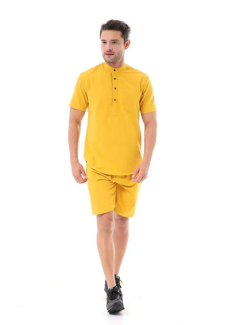 Vincent Kurta Set Pendek Motif Polos Setelan Pria Short Sleeve Material Cotton ORIGINAL - Mustard