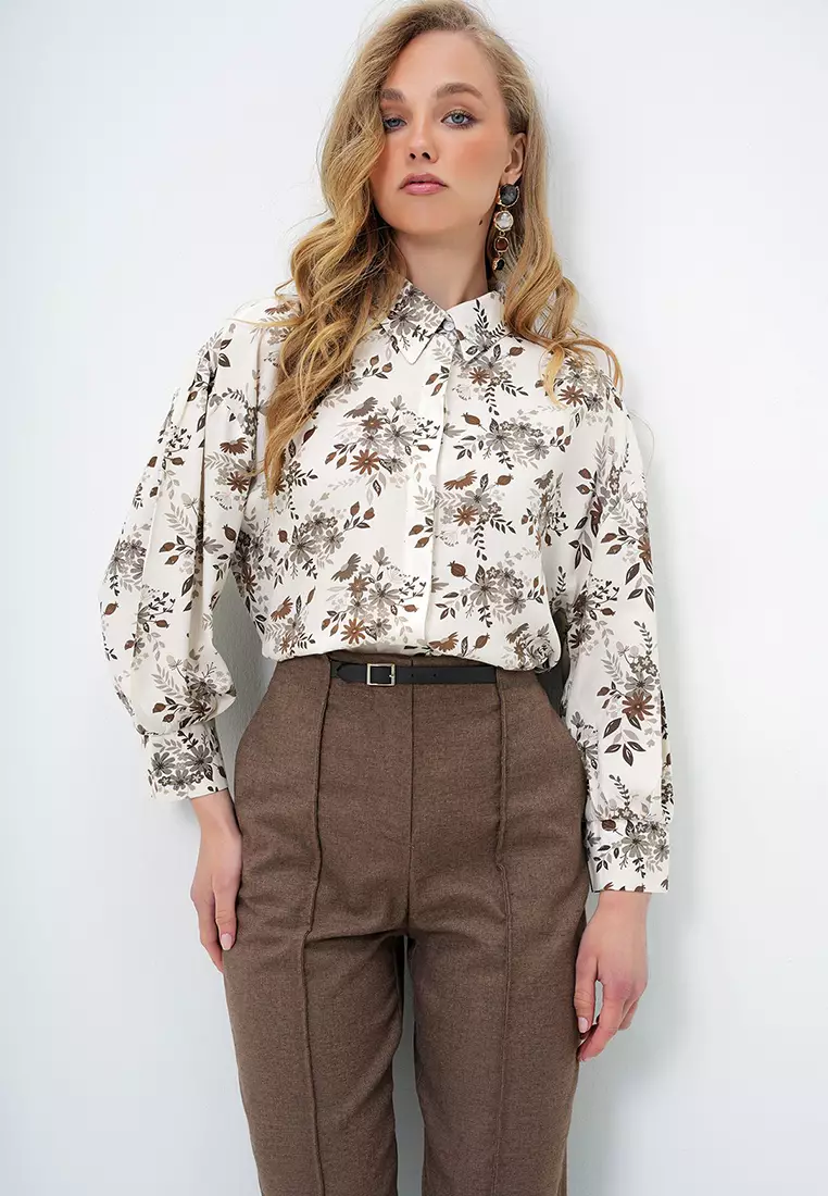 Women's Brown Floral Balloon Sleeve Patterned Printed Viscon Woven Shirt Alc-X9654